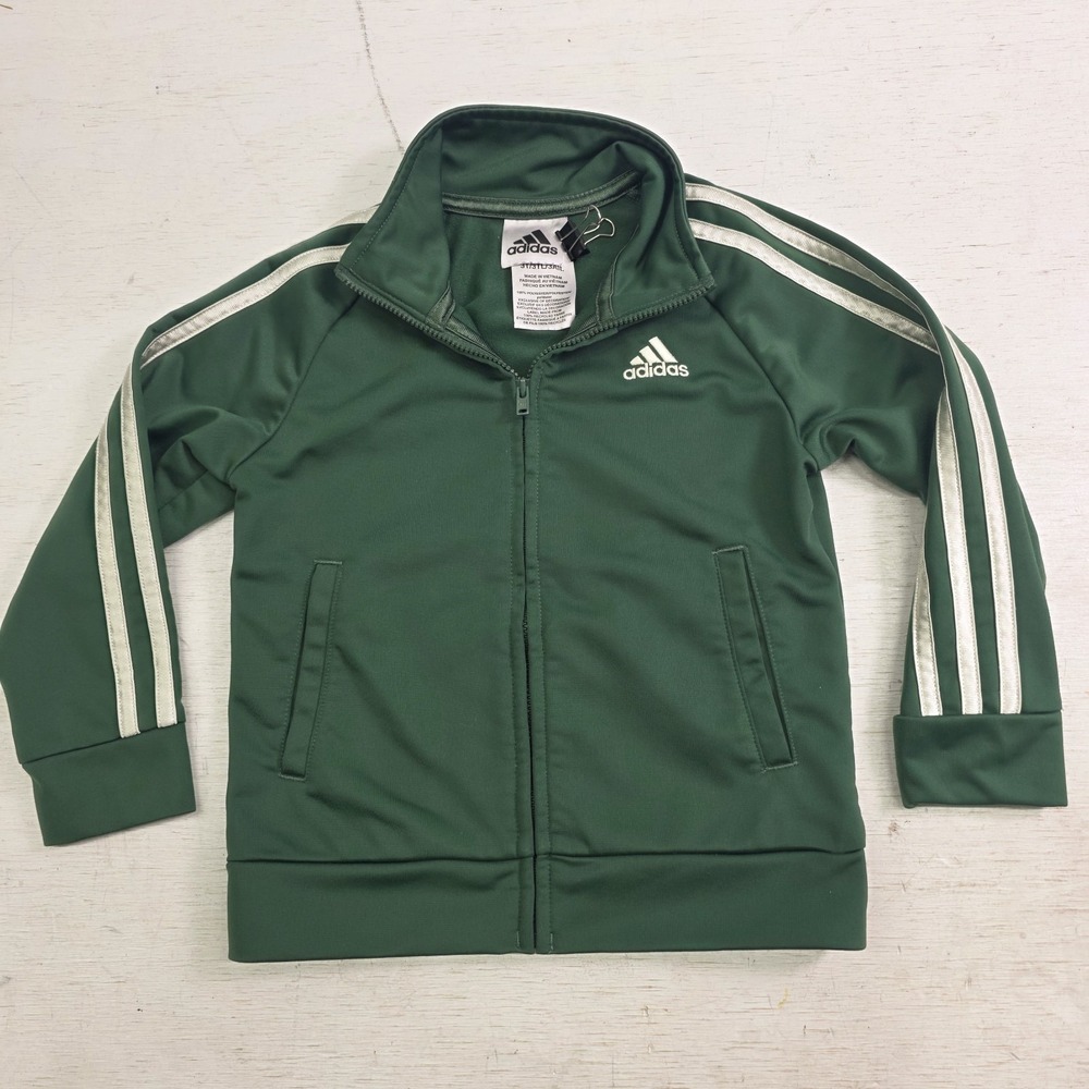 Adidas Forest Green 3 Stripe Cream Zip-Up Track Jacket Toddlers Kids Sz 3T EUC